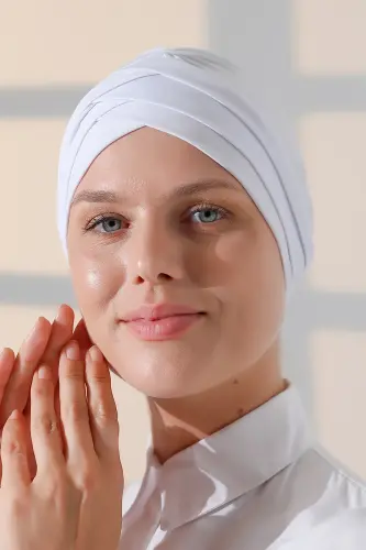Çapraz 3 Bantlı Çift Taraflı Kadın Tesettür Bone Beyaz 