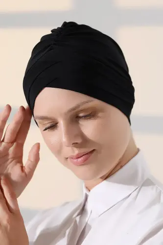 Çapraz 3 Bantlı Çift Taraflı Kadın Tesettür Bone Siyah - 3
