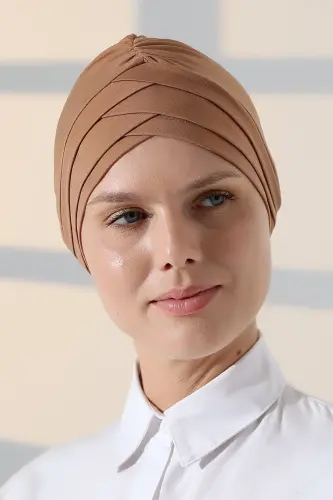 Çapraz 3 Bantlı Çift Taraflı Tesettür Bone Açık Kahve - 2
