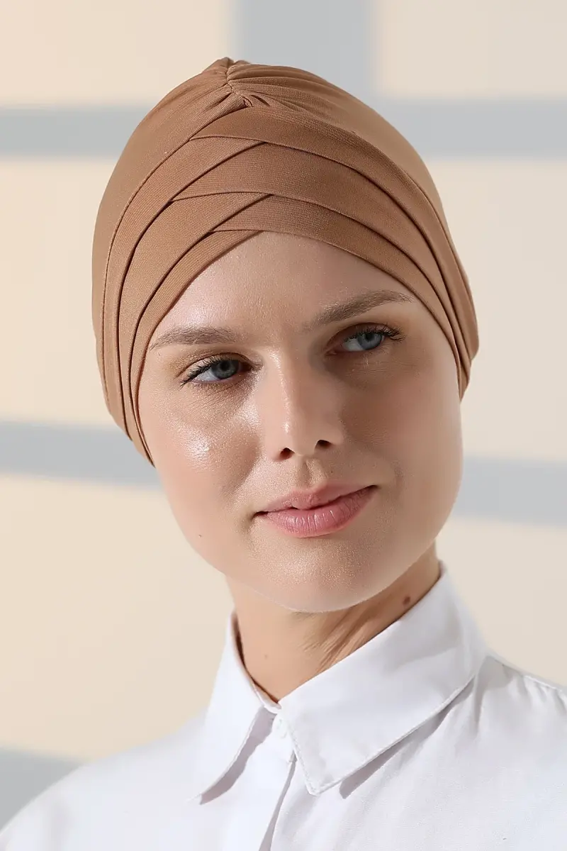 Çapraz 3 Bantlı Çift Taraflı Tesettür Bone Açık Kahve - 2