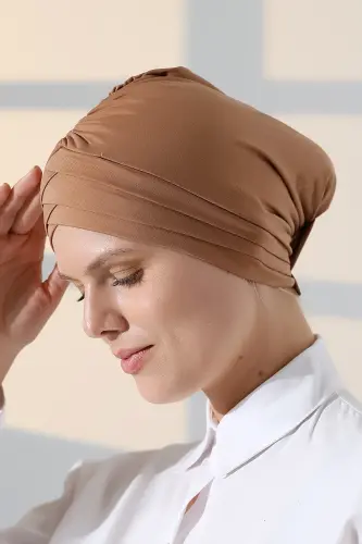 Çapraz 3 Bantlı Çift Taraflı Tesettür Bone Açık Kahve - 4