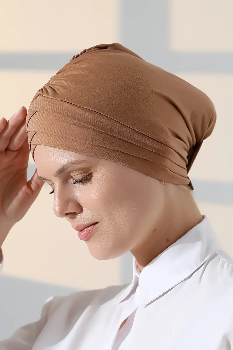 Çapraz 3 Bantlı Çift Taraflı Tesettür Bone Açık Kahve - 4