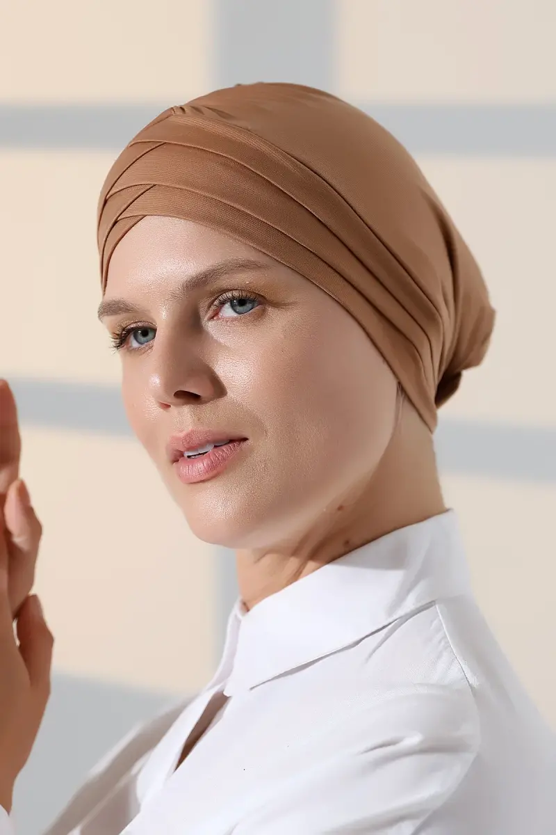 Çapraz 3 Bantlı Çift Taraflı Tesettür Bone Açık Kahve - 5