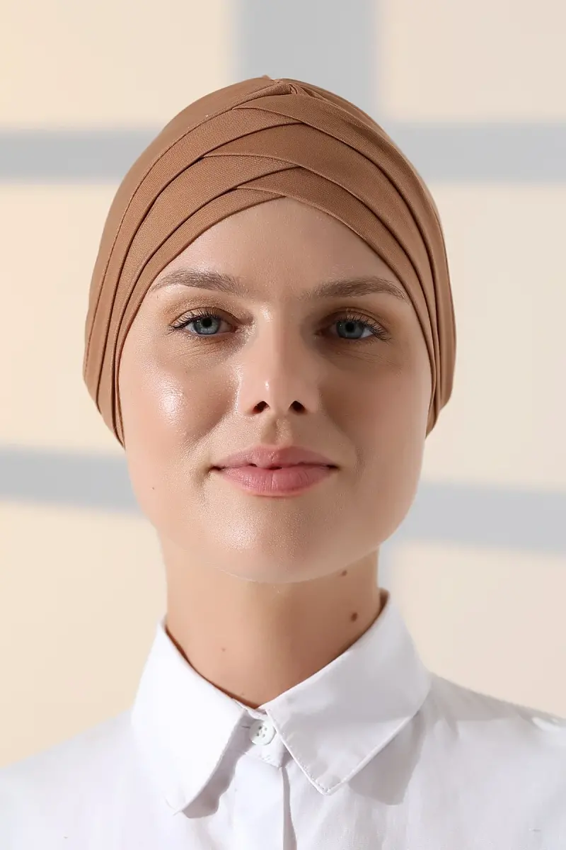Çapraz 3 Bantlı Çift Taraflı Tesettür Bone Açık Kahve - 3