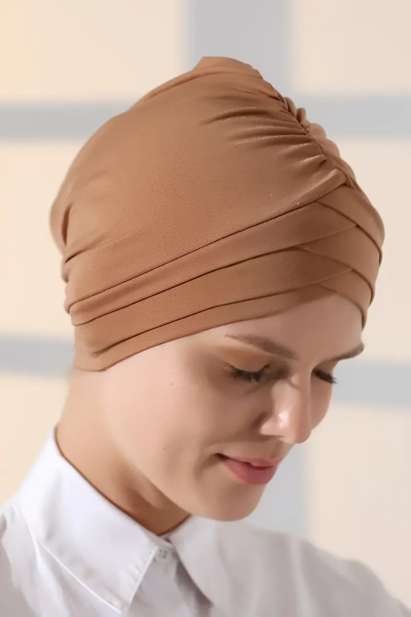 Çapraz 3 Bantlı Çift Taraflı Tesettür Bone Açık Kahve - 6