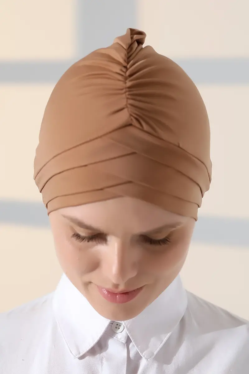 Çapraz 3 Bantlı Çift Taraflı Tesettür Bone Açık Kahve - 7