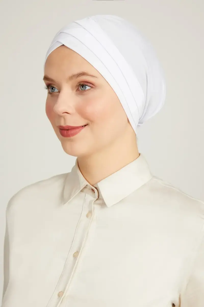 Çapraz 3 Bantlı Çift Taraflı Tesettür Bone Beyaz - 1