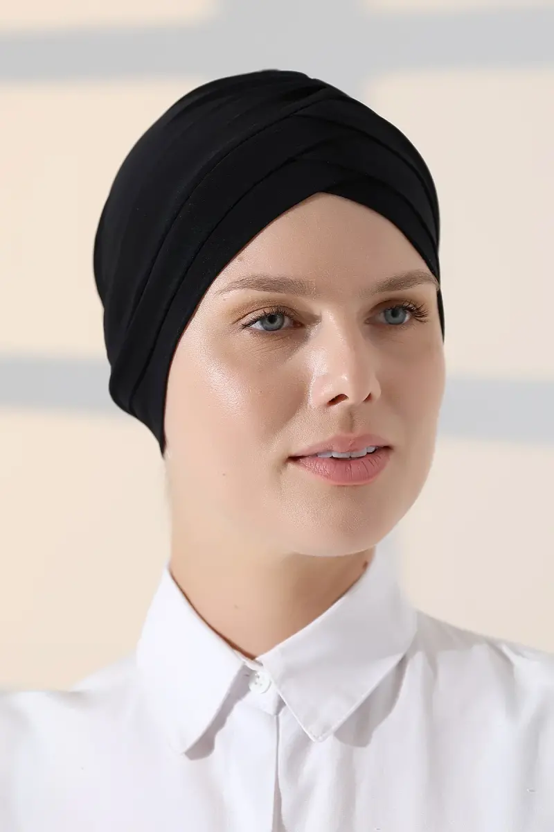 Çapraz 3 Bantlı Çift Taraflı Tesettür Bone Siyah - 1