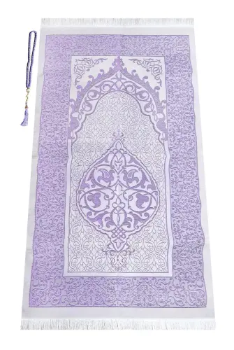 Çeyizlik Hediyelik Silindir Kutulu, İnci Tesbihli Seccade Seti - Lila - 7