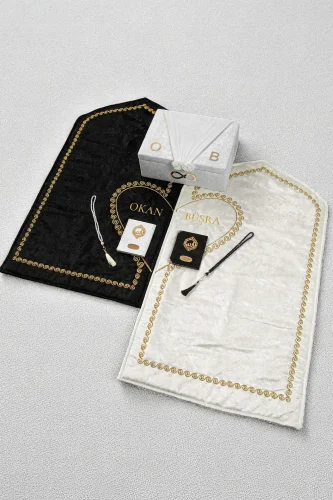 Çeyizlik Kişiye Özel İsimli Kalpli Seccade Seti - Sandıklı Hediyelik Eşli Çift Seccadesi - Gold - ihvanonline (1)