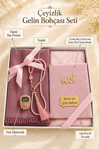 Çeyizlik Kişiye Özel İsimli Yasin ve Seccade Hediyelik Gelin Bohçası Seti Pembe - ihvanonline (1)