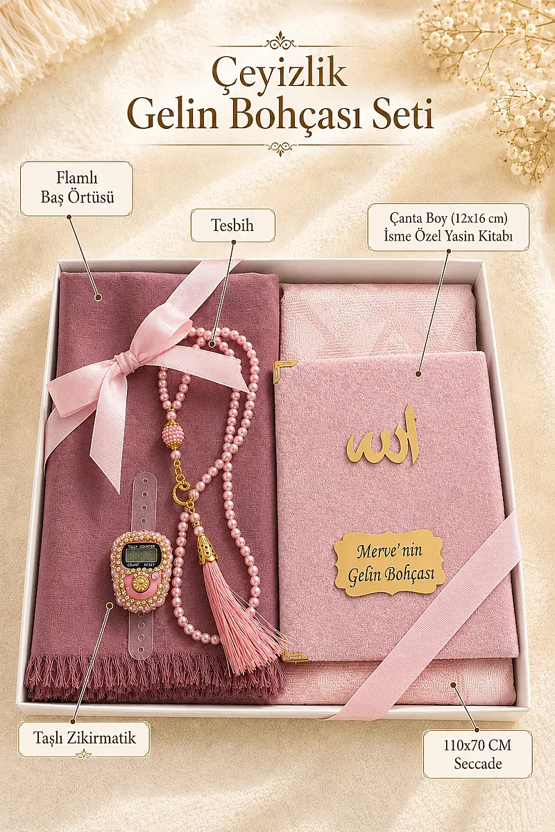 Çeyizlik Kişiye Özel İsimli Yasin ve Seccade Hediyelik Gelin Bohçası Seti Pembe - 2