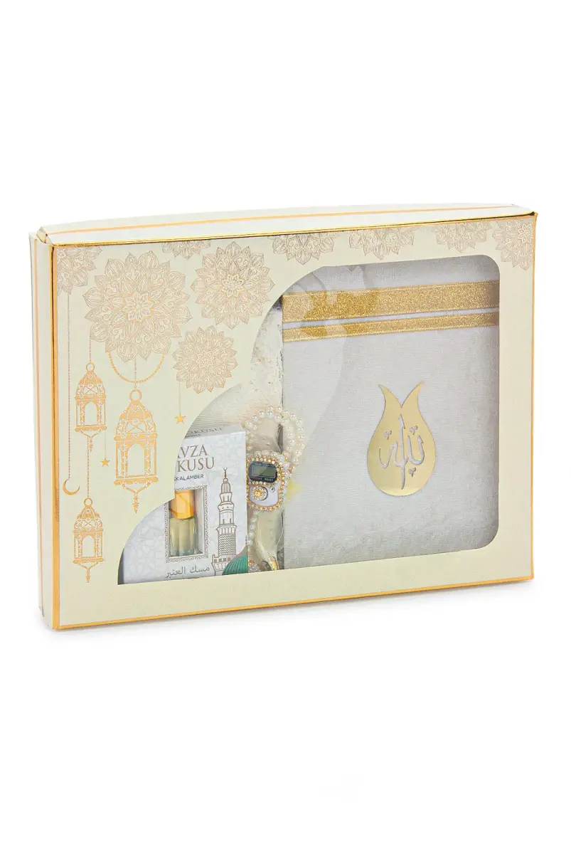 Çeyizlik Seccade Seti Gelin Bohçasına Uygun Dini Ramazan Hediyelik 6 Parça İbadet Seti Krem - 5
