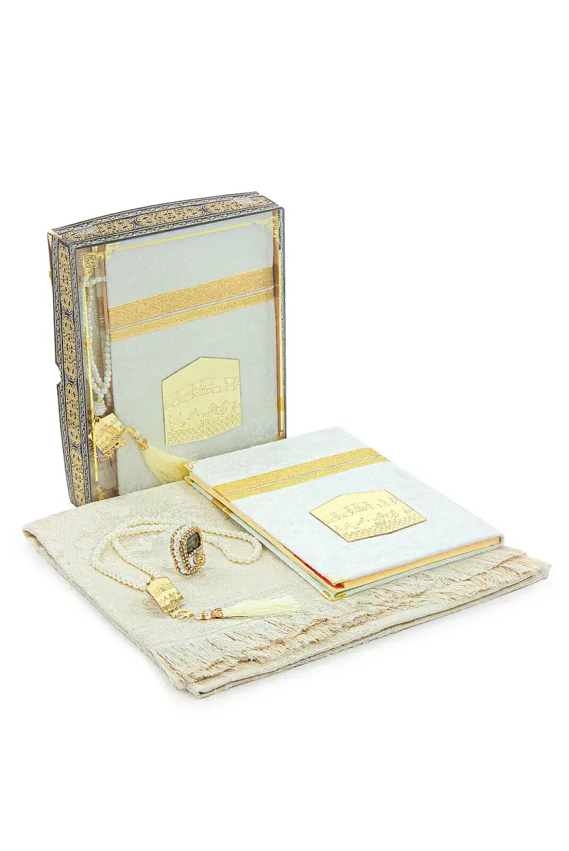 Çeyizlik Taşlı Zikirmatik Yasin Kitabı Dini Hediyelik Gelin Bohça Seccade Seti Beyaz - 9