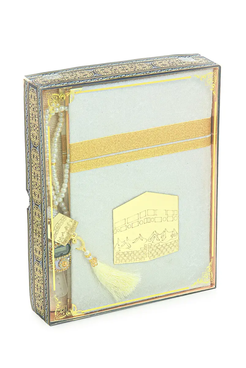 Çeyizlik Taşlı Zikirmatik Yasin Kitabı Dini Hediyelik Gelin Bohça Seccade Seti Beyaz - 1