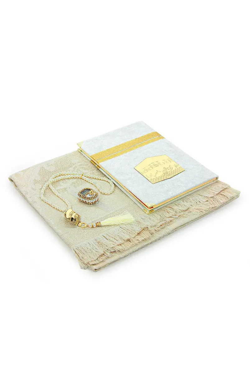 Çeyizlik Taşlı Zikirmatik Yasin Kitabı Dini Hediyelik Gelin Bohça Seccade Seti Beyaz - 2