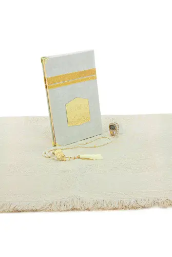 Çeyizlik Taşlı Zikirmatik Yasin Kitabı Dini Hediyelik Gelin Bohça Seccade Seti Beyaz - 3