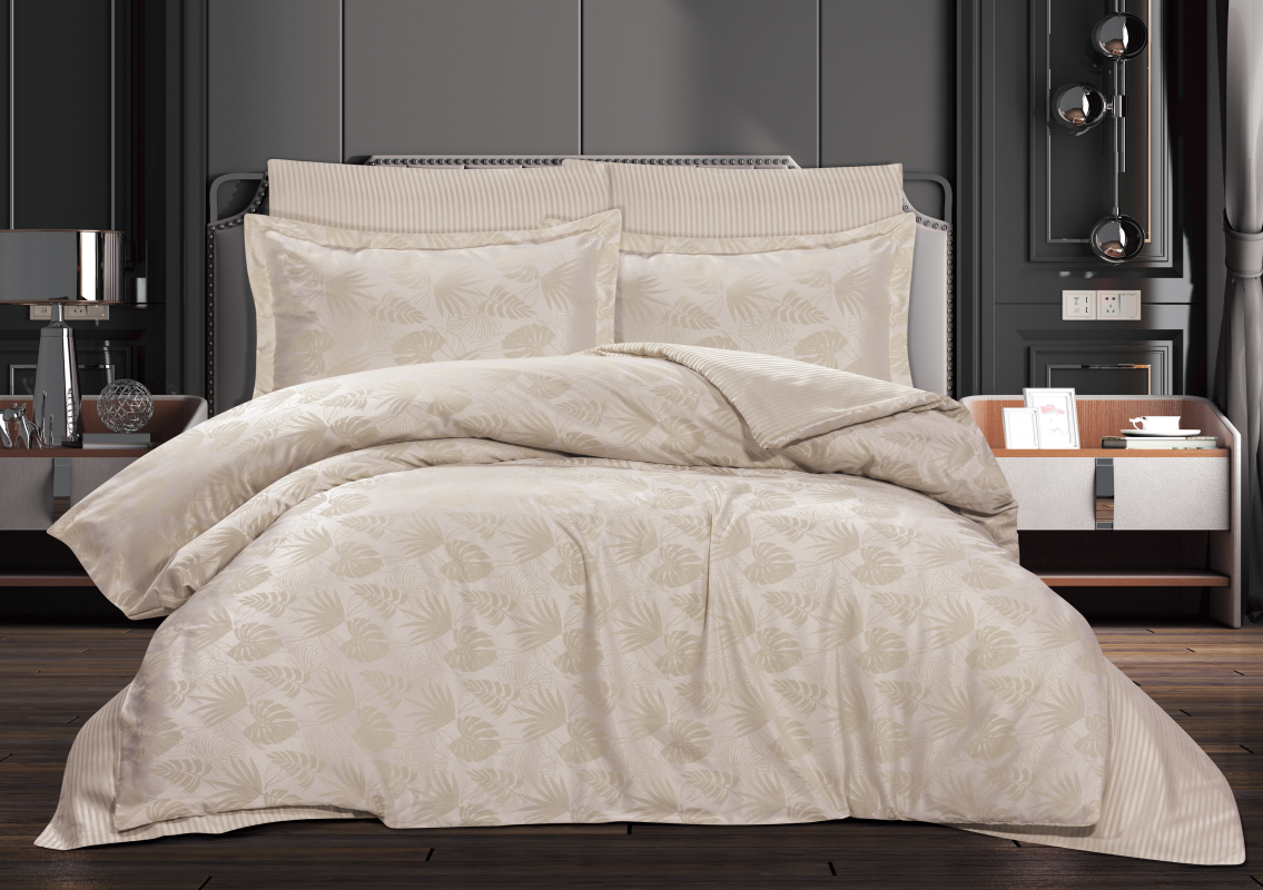 Çift Kişilik Çınar Jakarlı Saten Double Nevresim Takımı - 200x220 - 7 Parça Pamuklu Yatak Seti - Koyu Krem - 1