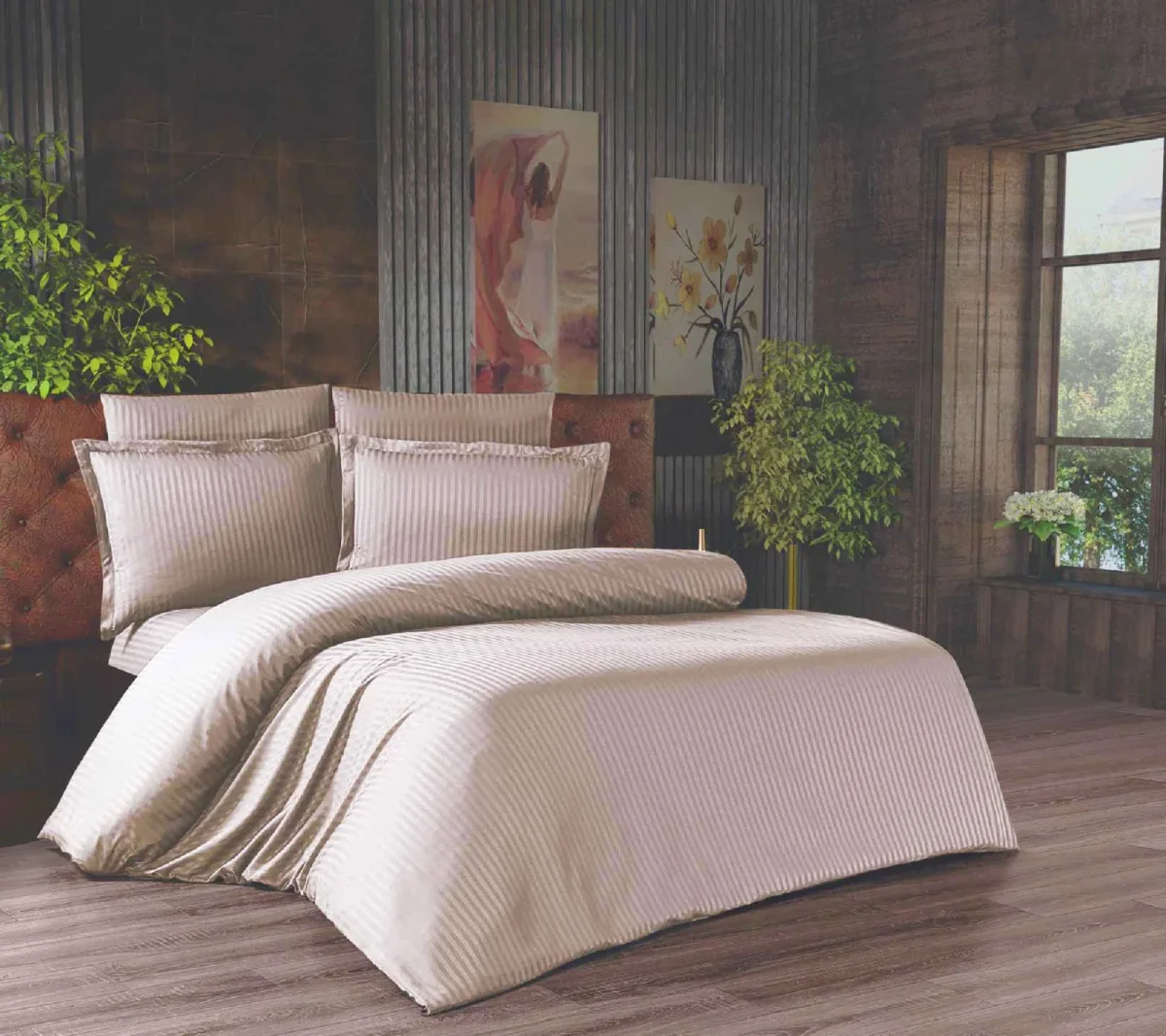 Çift Kişilik Çizgili Saten Nevresim Takımı - 200x220 - 6 Parça Pamuklu Yatak Seti - Kahverengi - 1