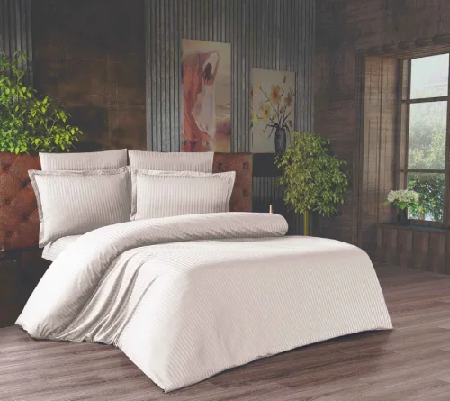 Çift Kişilik Çizgili Saten Nevresim Takımı - 200x220 - 6 Parça Pamuklu Yatak Seti - Krem 
