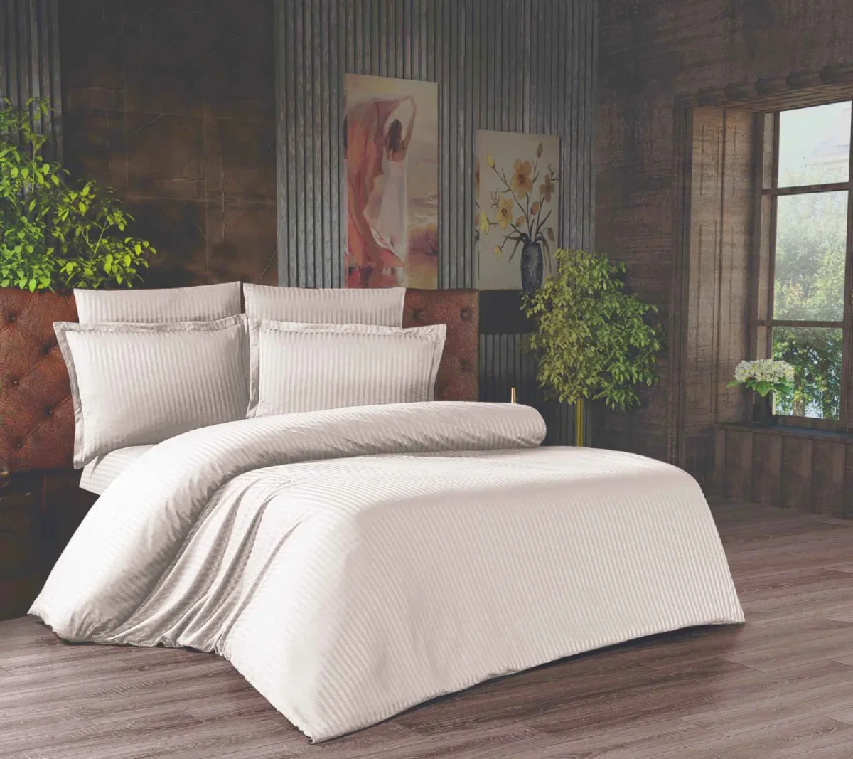 Çift Kişilik Çizgili Saten Nevresim Takımı - 200x220 - 6 Parça Pamuklu Yatak Seti - Krem - 1