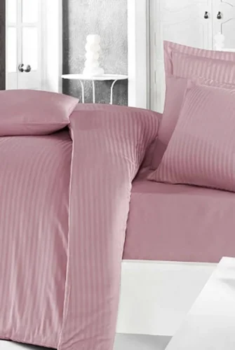 Çift Kişilik Çizgili Saten Nevresim Takımı - 200x220 - 6 Parça Pamuklu Yatak Seti - Gül Kurusu - ihvanonline (1)