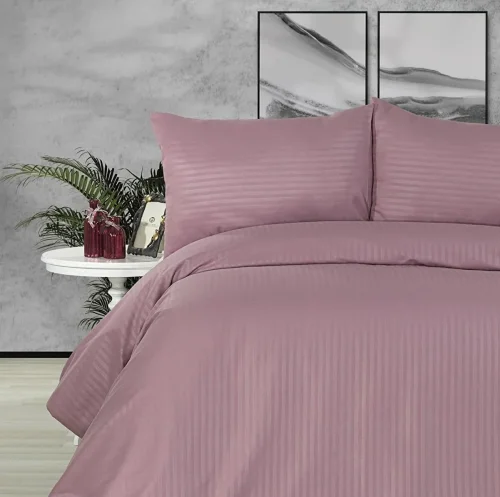 Çift Kişilik Çizgili Saten Nevresim Takımı - 200x220 - 6 Parça Pamuklu Yatak Seti - Gül Kurusu - 3