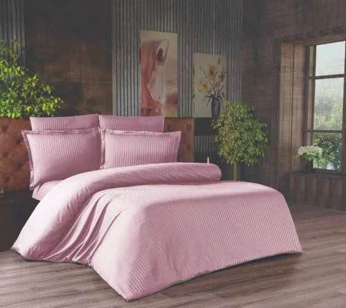 Çift Kişilik Çizgili Saten Nevresim Takımı - 200x220 - 6 Parça Pamuklu Yatak Seti - Gül Kurusu 