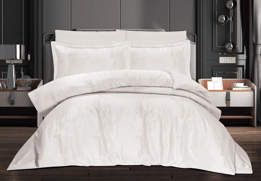 Çift Kişilik Jakarlı Saten Nevresim Takımı - 200x220 - 6 Parça Pamuklu Yatak Seti - Beyaz (ALB) - 1