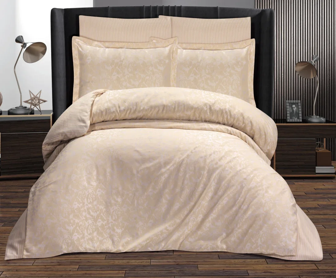 Çift Kişilik Jakarlı Saten Nevresim Takımı - 200x220 - 6 Parça Pamuklu Yatak Seti - Koyu Krem (VLR) - 1