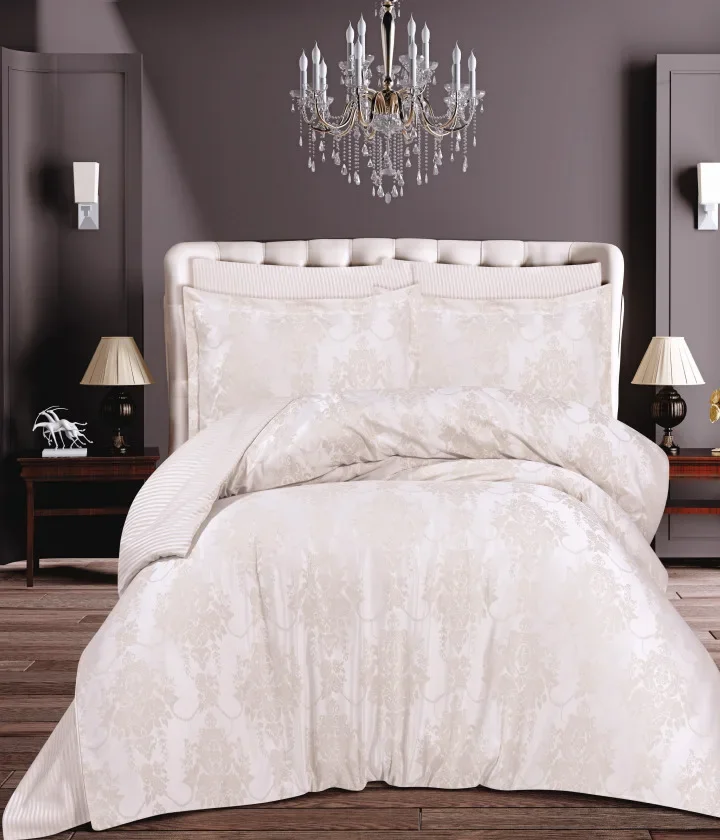 Çift Kişilik Jakarlı Saten Double Nevresim Takımı - 200x220 - 6 Parça Pamuklu Yatak Seti - Krem (VLR) - 1