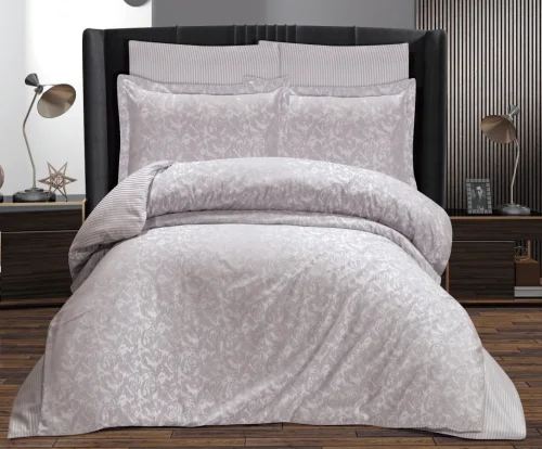 Çift Kişilik Sarmaşık Jakarlı Saten Double Nevresim Takımı - 200x220 - 7 Parça Pamuklu Yatak Seti - Gri 