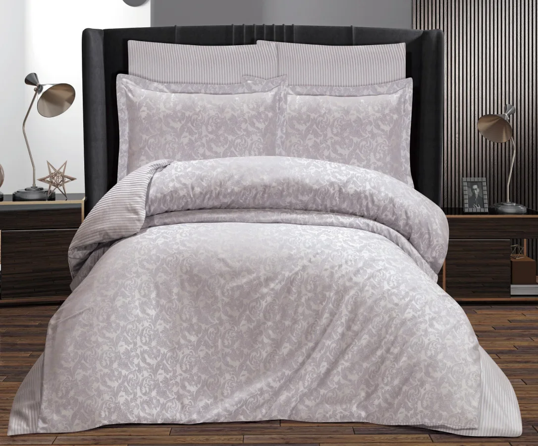 Çift Kişilik Sarmaşık Jakarlı Saten Double Nevresim Takımı - 200x220 - 7 Parça Pamuklu Yatak Seti - Gri - 1