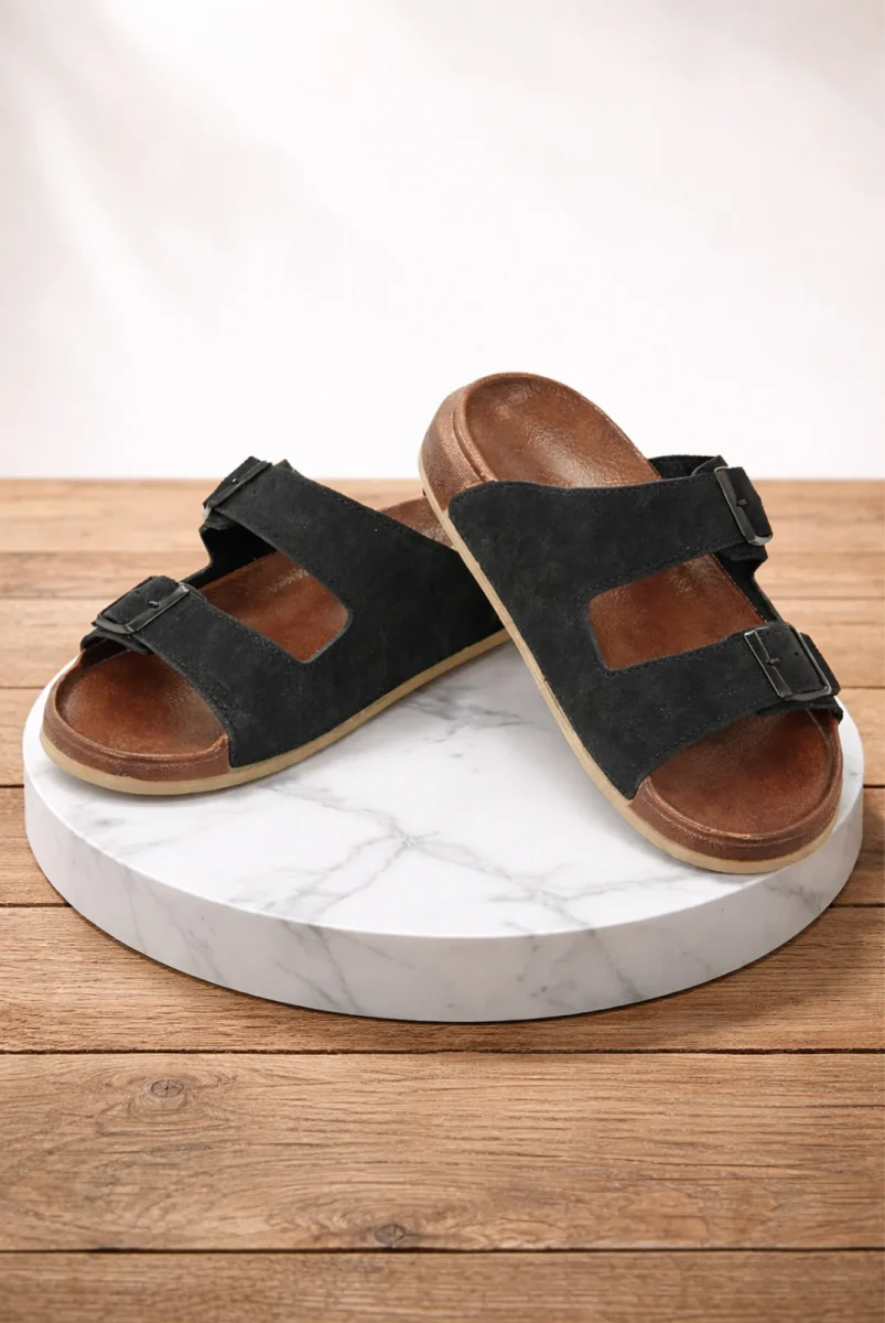 Erkek Çift Tokalı Ortopedik Hac Umre Terliği - Ergonomik Rahat Taban Günlük Terlik - Siyah - 2