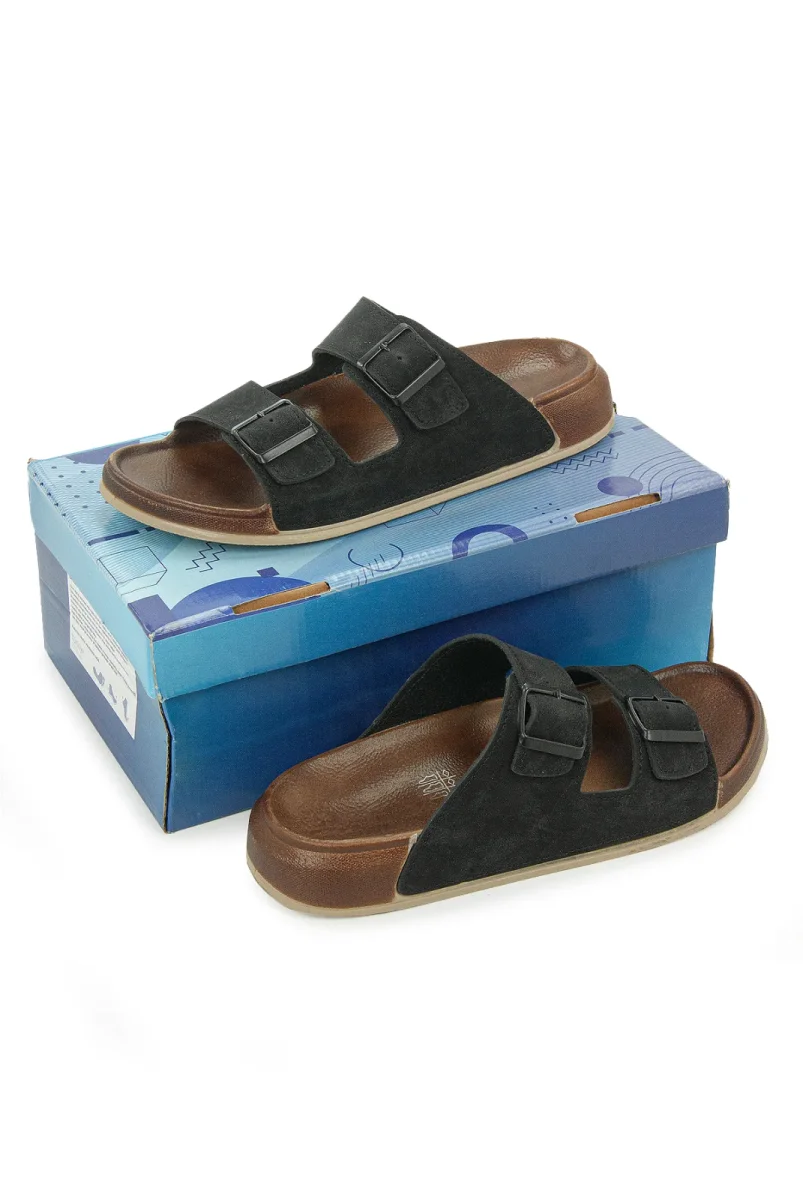 Erkek Çift Tokalı Ortopedik Hac Umre Terliği - Ergonomik Rahat Taban Günlük Terlik - Siyah - 3