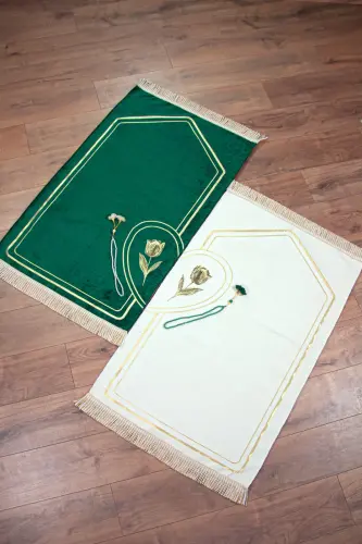 Çeyizlik Eşli Çift Seccadesi, Bohçalık Kalpli Namazlık Set Yeşil Krem 