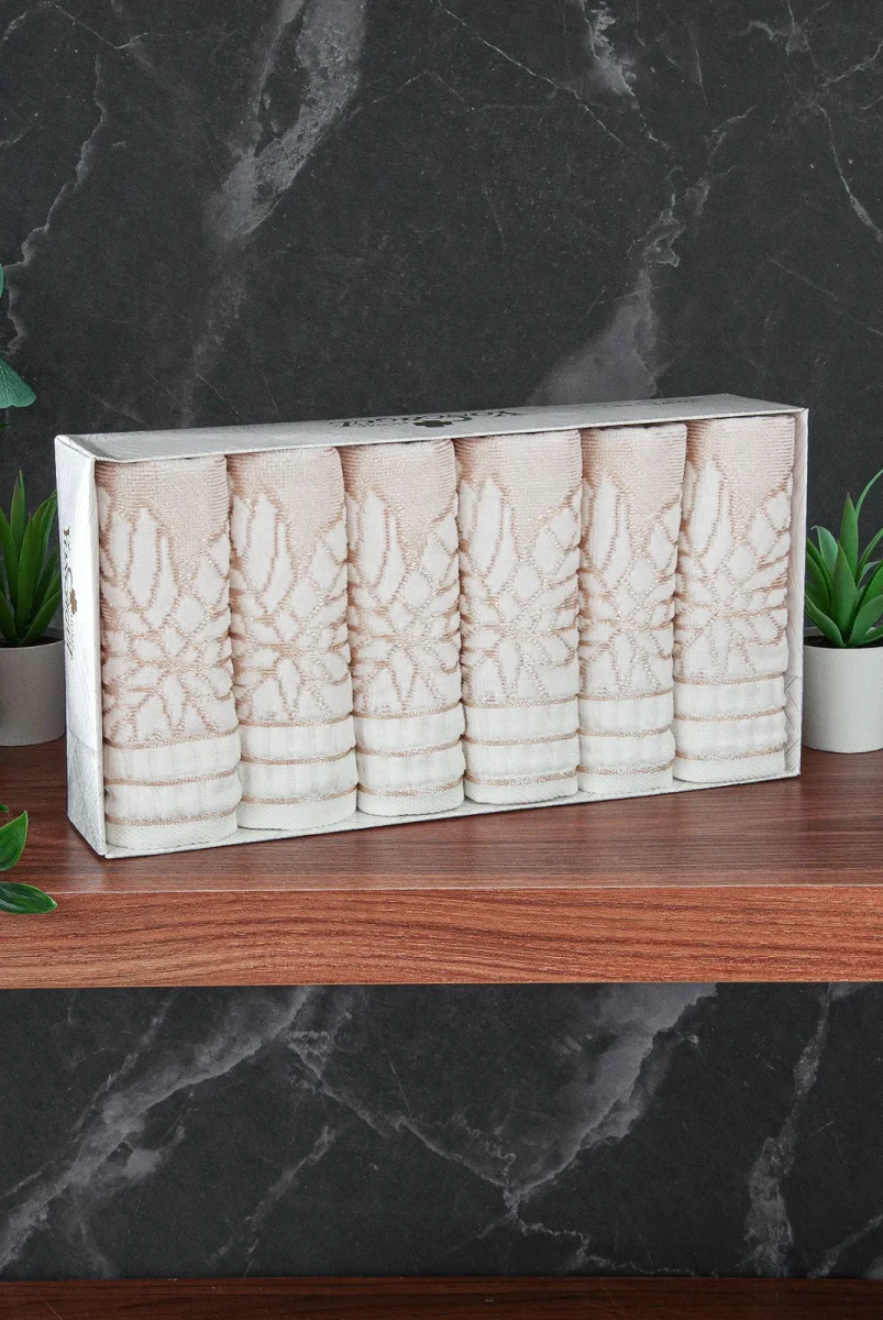 Çınar Jakarlı 6’lı Kadife Pamuklu El ve Yüz Havlu Seti 30x50 cm - 00434- Gold - 3
