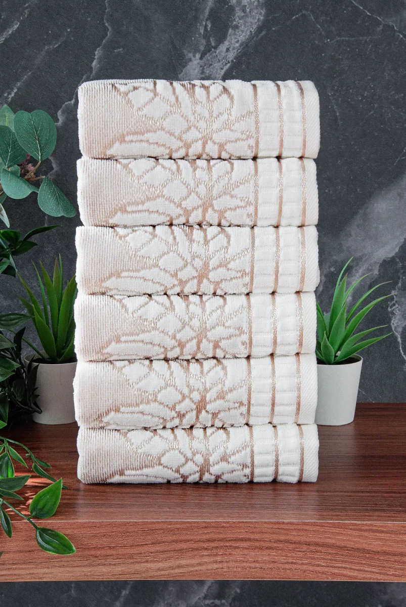 Çınar Jakarlı 6’lı Kadife Pamuklu El ve Yüz Havlu Seti 30x50 cm - 00434- Gold - 4