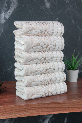 Çınar Jakarlı 6’lı Kadife Pamuklu El ve Yüz Havlu Seti 30x50 cm - 00434- Gold - 5