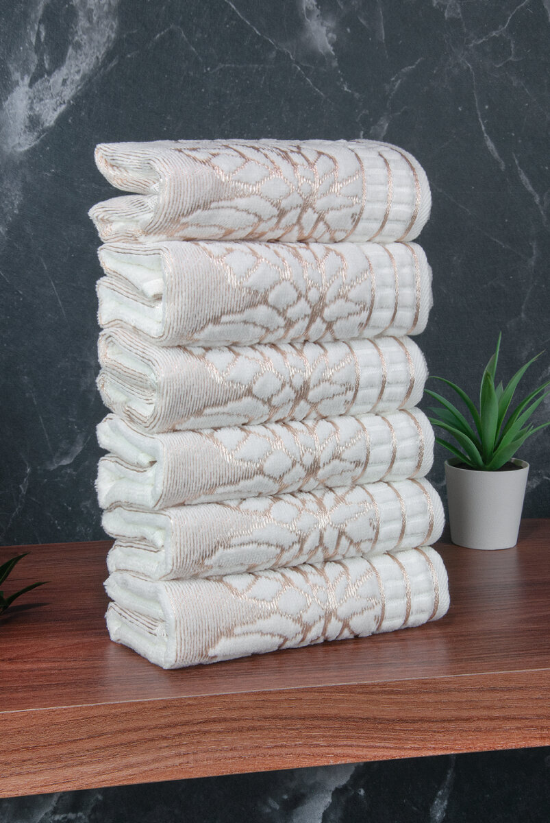 Çınar Jakarlı 6’lı Kadife Pamuklu El ve Yüz Havlu Seti 30x50 cm - 00434- Gold - 5