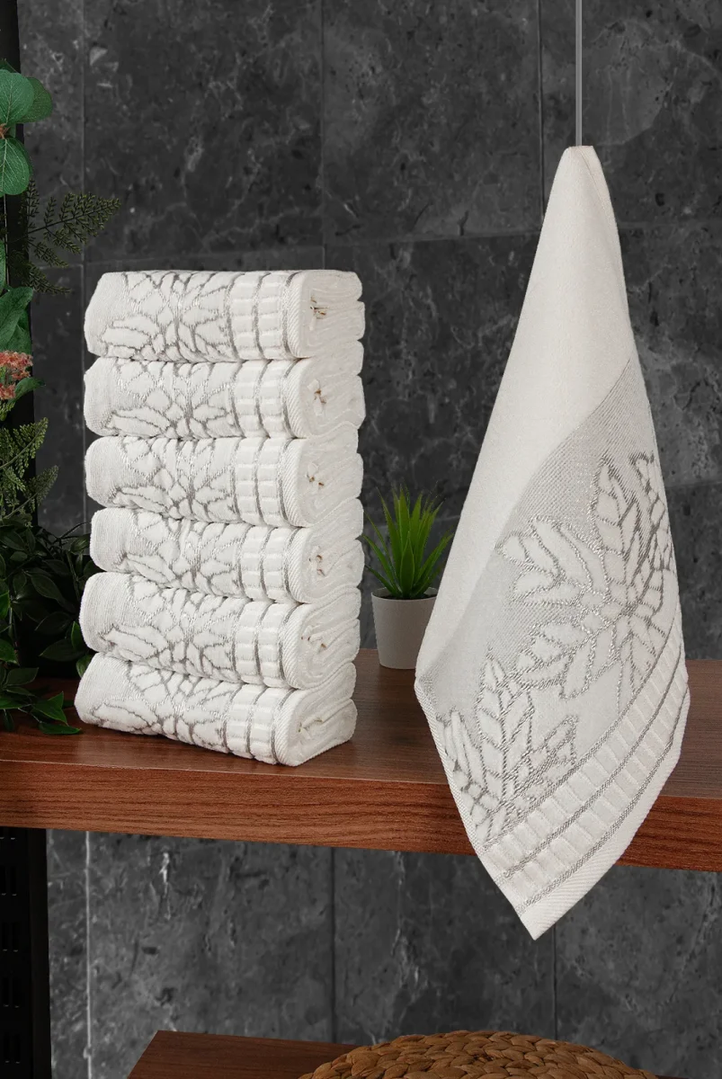 Çınar Jakarlı 6’lı Kadife Pamuklu El ve Yüz Havlu Seti 30x50 cm - 00434 - Gümüş - 1