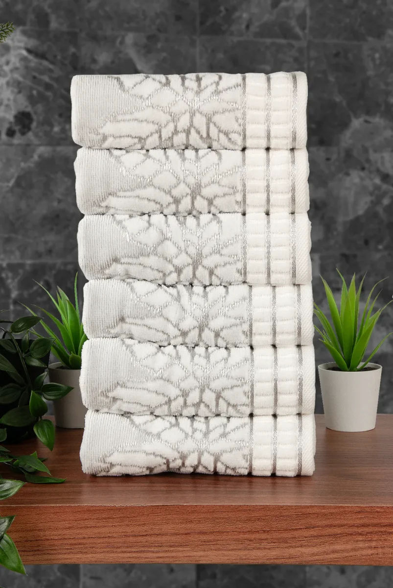 Çınar Jakarlı 6’lı Kadife Pamuklu El ve Yüz Havlu Seti 30x50 cm - 00434 - Gümüş - 3