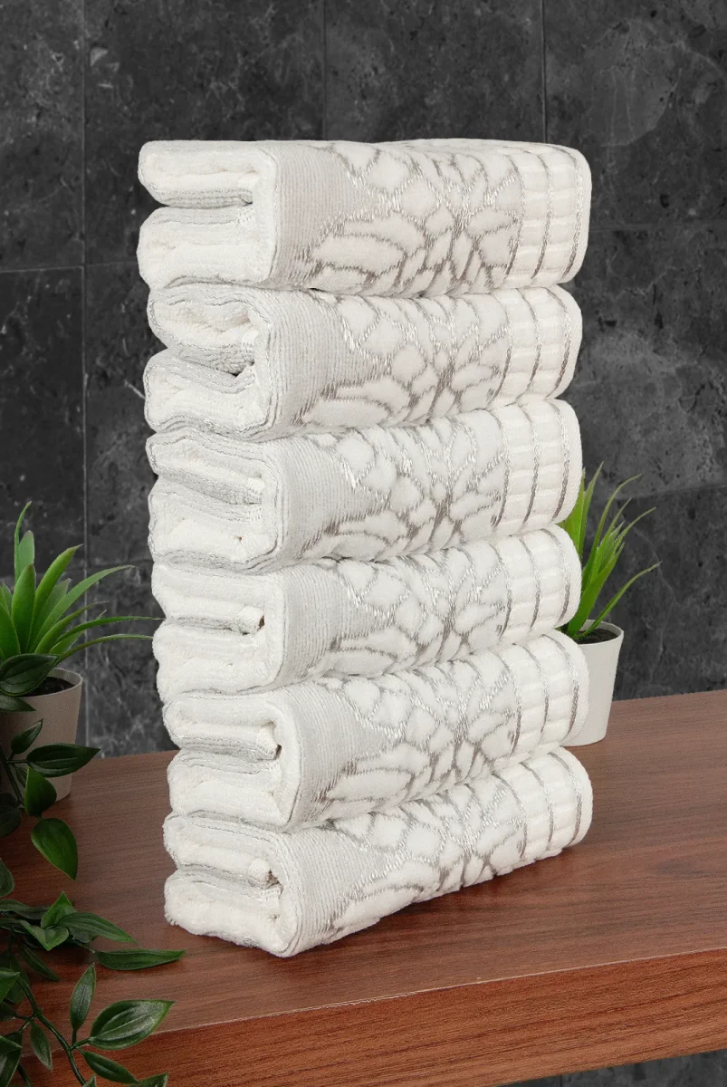 Çınar Jakarlı 6’lı Kadife Pamuklu El ve Yüz Havlu Seti 30x50 cm - 00434 - Gümüş - 4