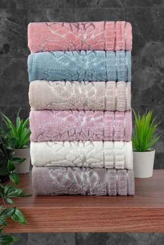 Çınar Jakarlı 6’lı Kadife Pamuklu El ve Yüz Havlu Seti 30x50 cm - 00434- Karışık Renkli - 3