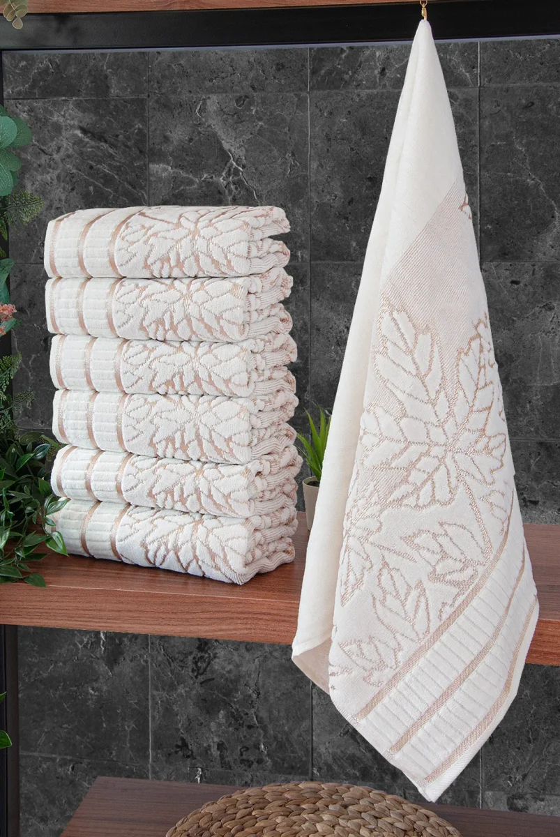 Çınar Jakarlı 6’lı Kadife Pamuklu El ve Yüz Havlu Seti 50x90 cm - 04557 - Gold - 1