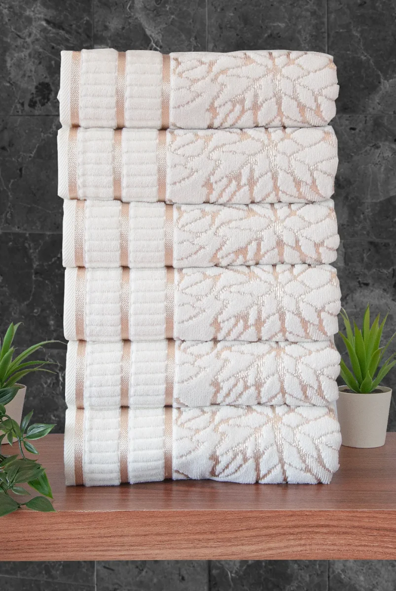 Çınar Jakarlı 6’lı Kadife Pamuklu El ve Yüz Havlu Seti 50x90 cm - 04557 - Gold - 3