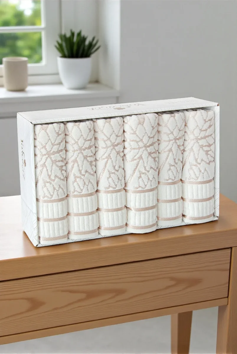 Çınar Jakarlı 6’lı Kadife Pamuklu El ve Yüz Havlu Seti 50x90 cm - 04557 - Gold - 4