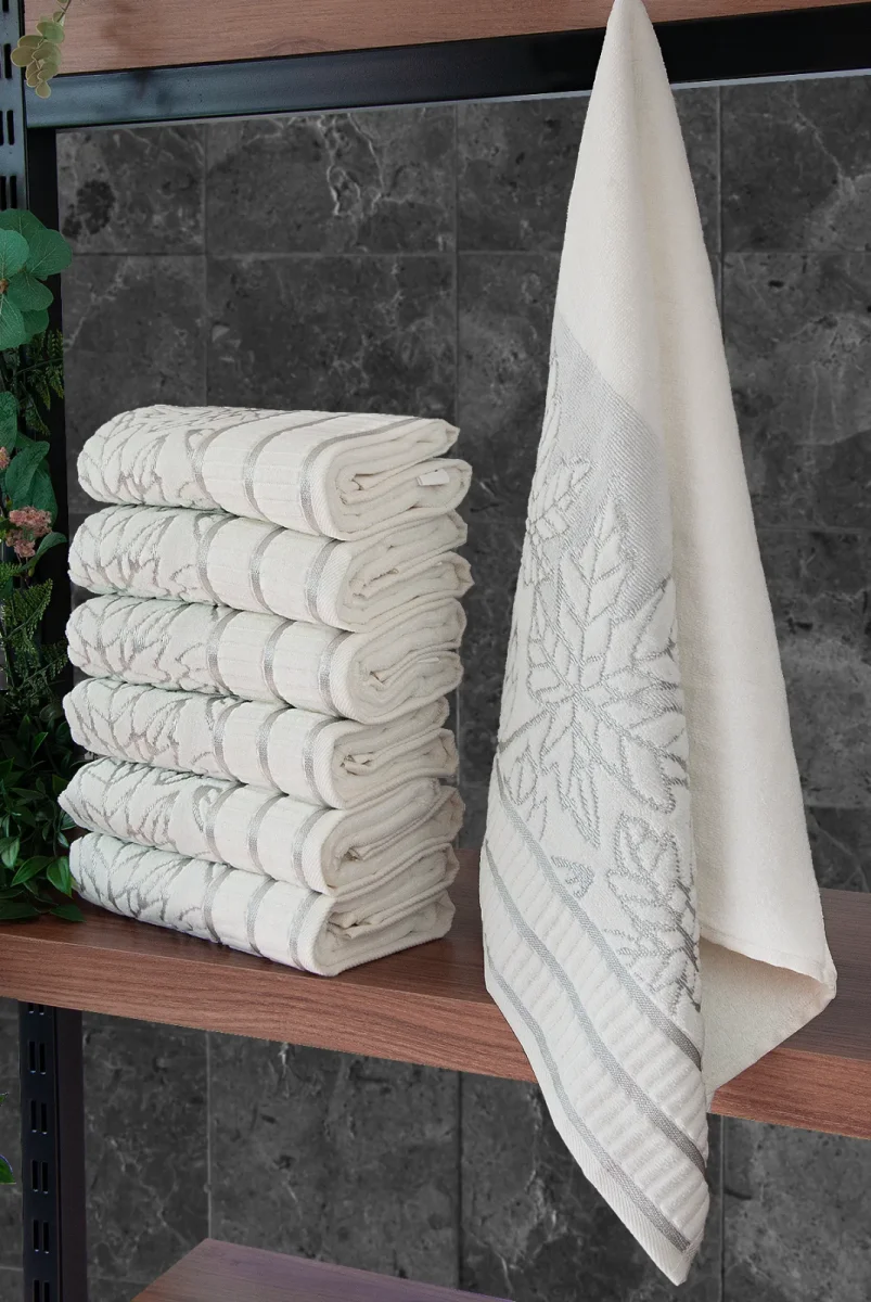 Çınar Jakarlı 6’lı Kadife Pamuklu El ve Yüz Havlu Seti 50x90 cm - 04557 - Gümüş - 1
