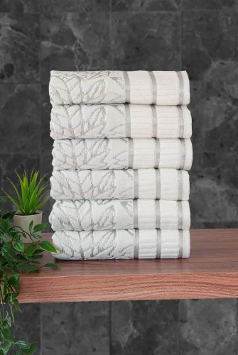 Çınar Jakarlı 6’lı Kadife Pamuklu El ve Yüz Havlu Seti 50x90 cm - 04557 - Gümüş - 3