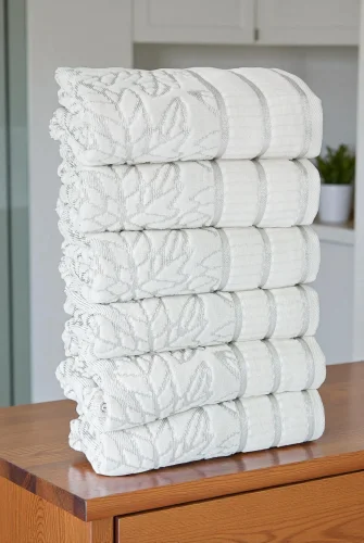 Çınar Jakarlı 6’lı Kadife Pamuklu El ve Yüz Havlu Seti 50x90 cm - 04557 - Gümüş - 4